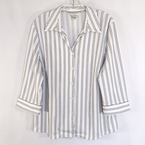 Allison Daley 3/4 Sleeve White/Black Stripe Collared Shirt Blouse Size 12P